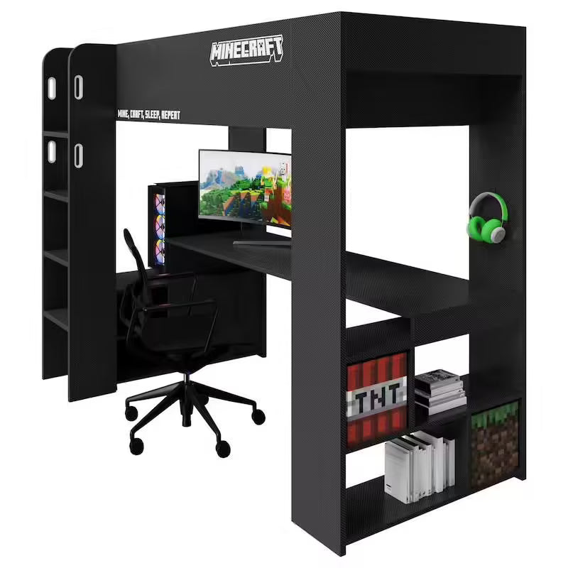 Lit mezzanine Minecraft avec bureau & LED – Noir effet carbone