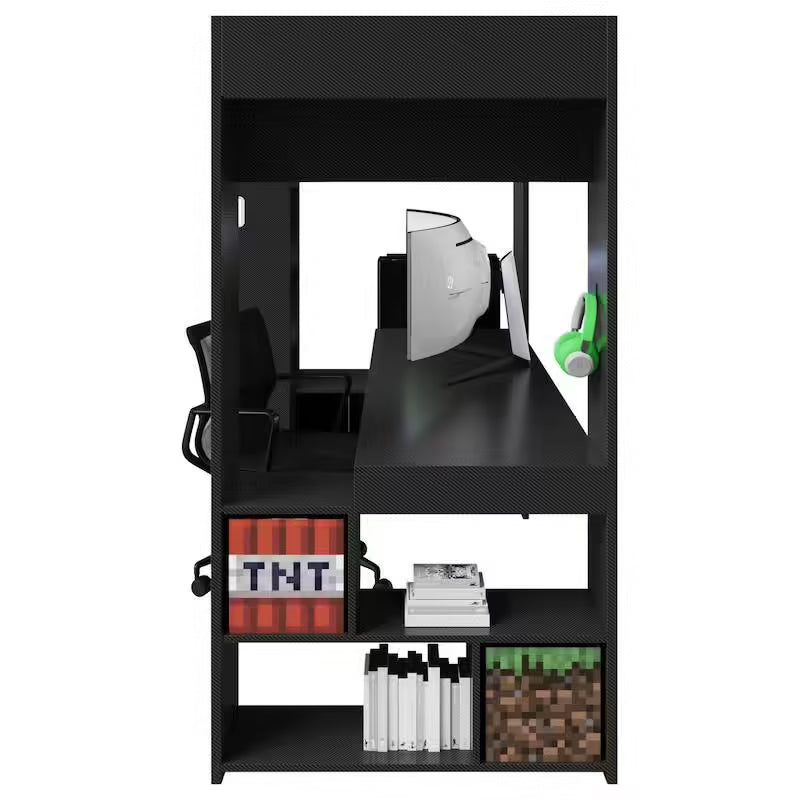 Lit mezzanine Minecraft avec bureau & LED – Noir effet carbone