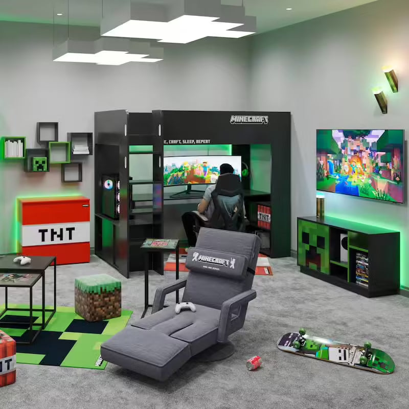 Lit mezzanine Minecraft avec bureau & LED – Noir effet carbone