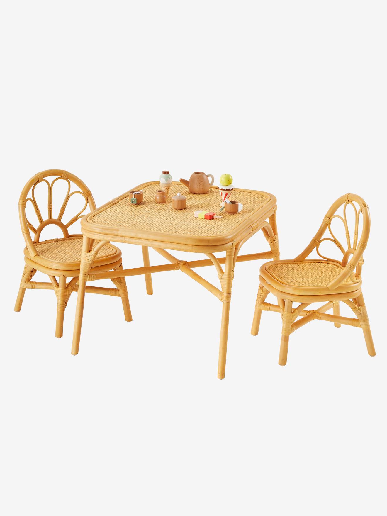 Lot 2 chaises et table en rotin bois