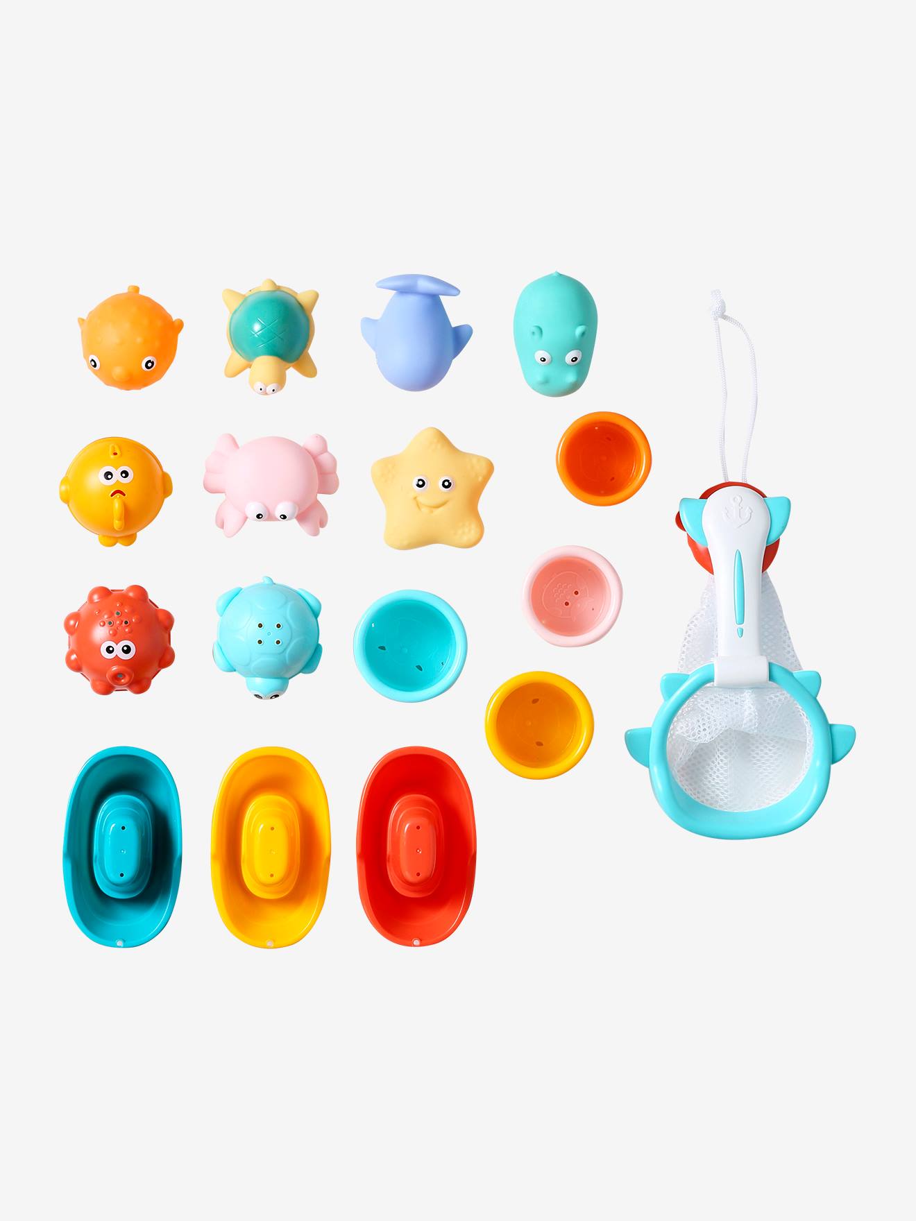 Lot de 16 jouets de bain avec panier multicolore