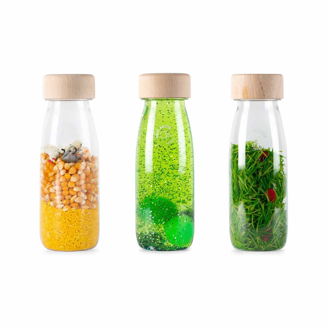 Lot de 3 bouteilles sensorielles vert, life