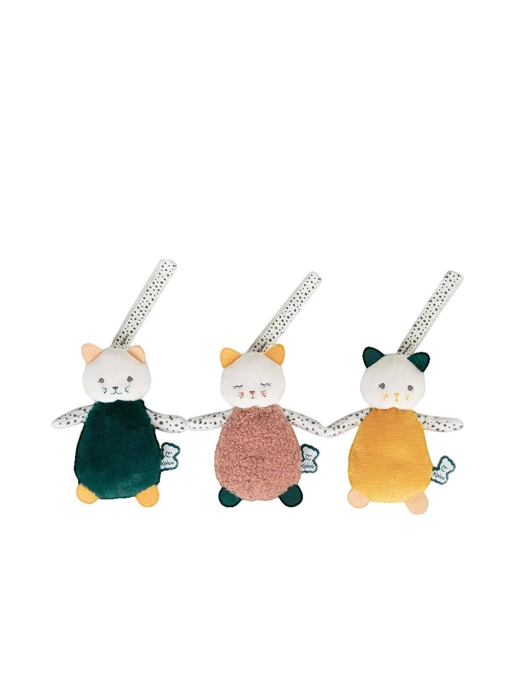 Lot de 3 doudous stimuli jaune, vieux rose, crème