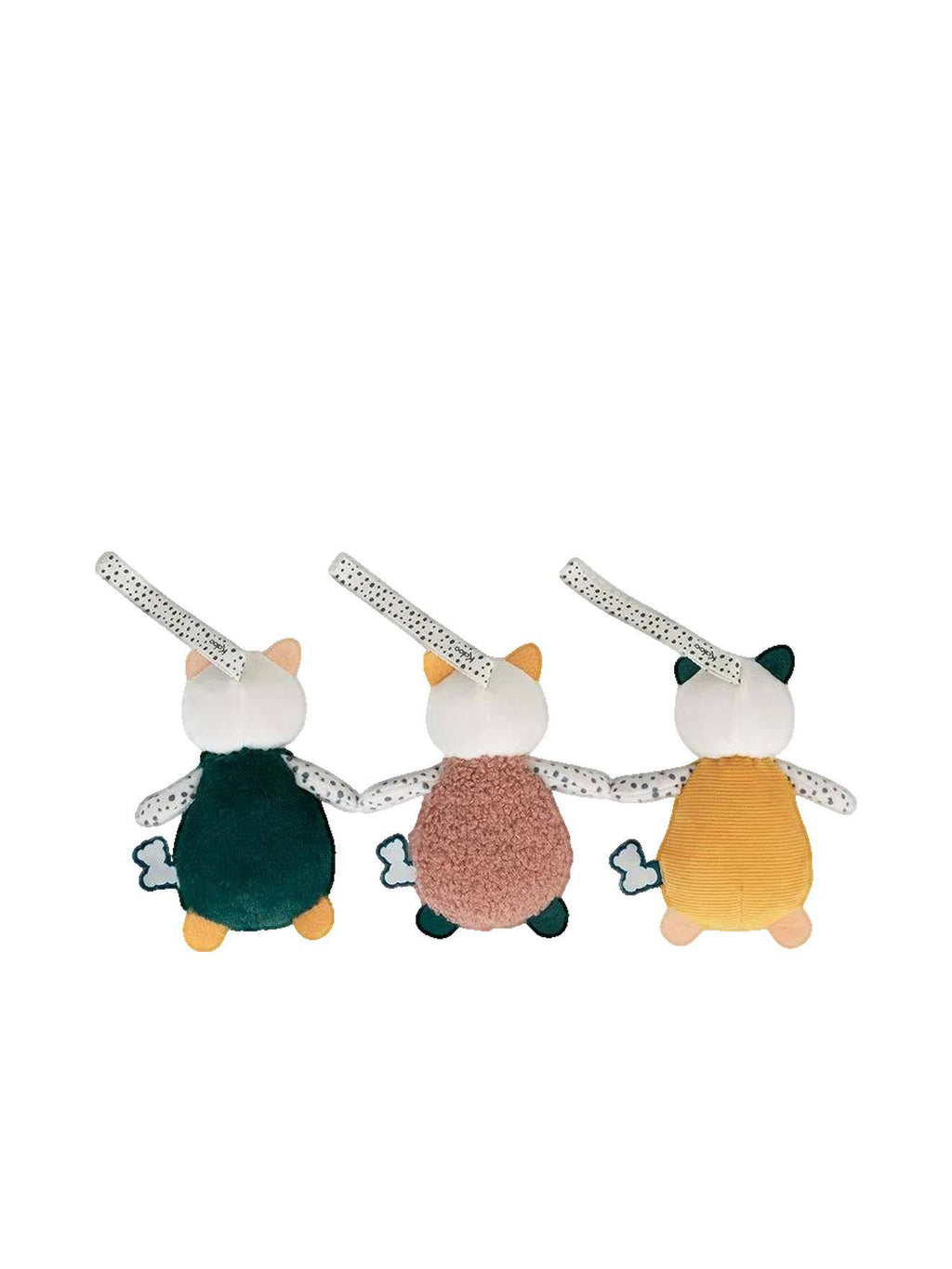Lot de 3 doudous stimuli jaune, vieux rose, crème