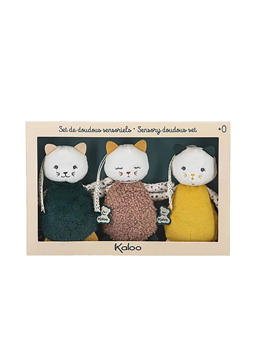 Lot de 3 doudous stimuli jaune, vieux rose, crème