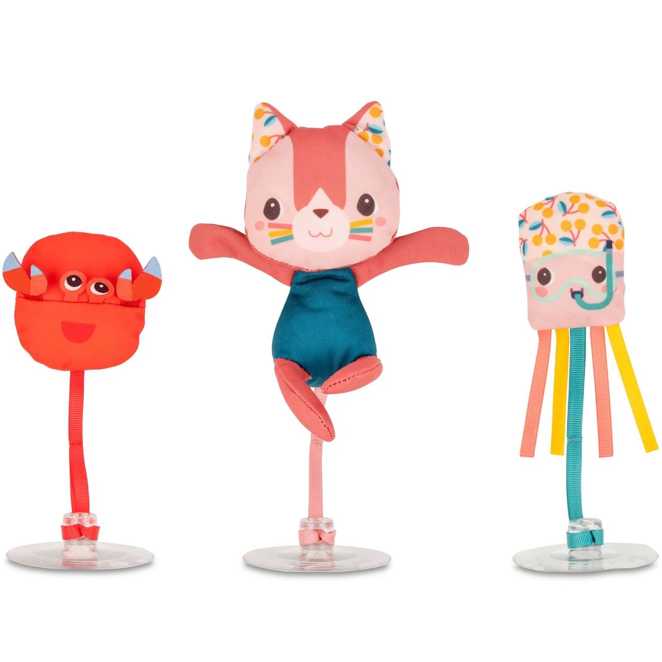 Lot de 3 jouets de bain à ventouse rose, rouge, bleu