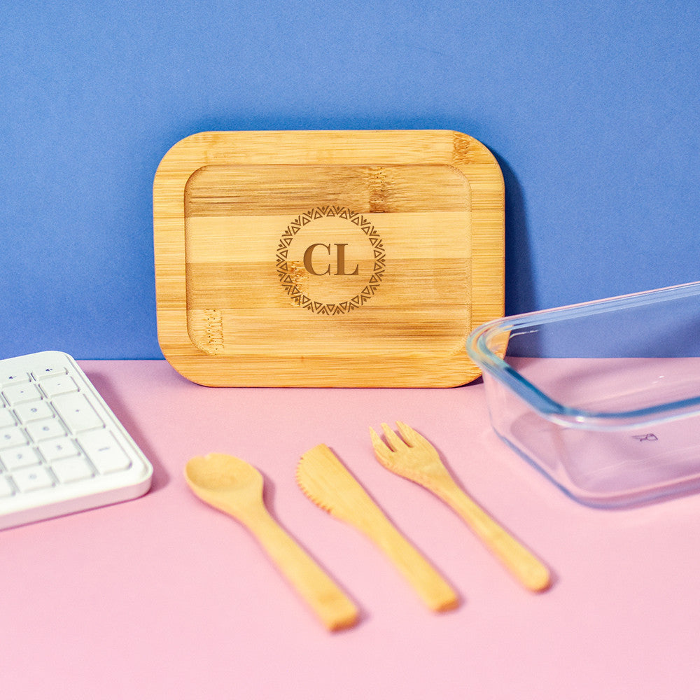 Lunch Box Verre et Bambou avec Couverts Initiales à Personnaliser - Lunch Box Originale