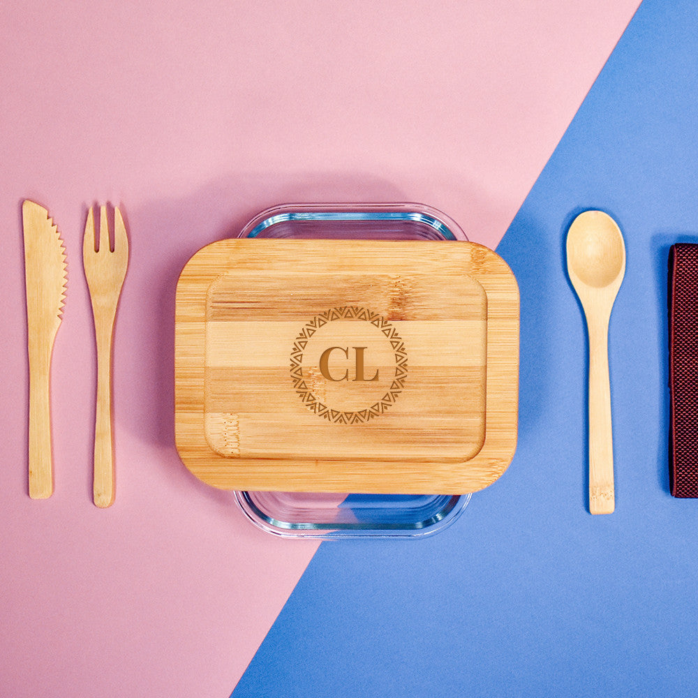 Lunch Box Verre et Bambou avec Couverts Initiales à Personnaliser - Lunch Box Originale