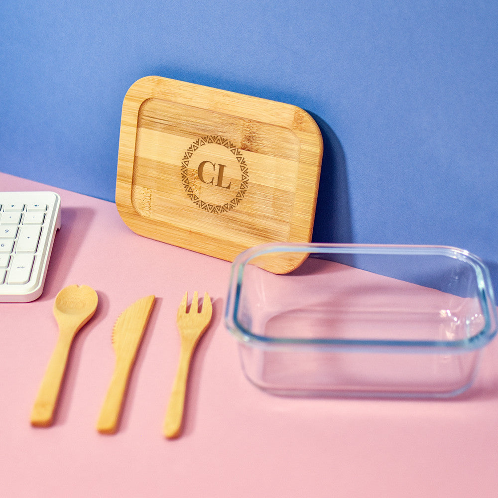 Lunch Box Verre et Bambou avec Couverts Initiales à Personnaliser - Lunch Box Originale