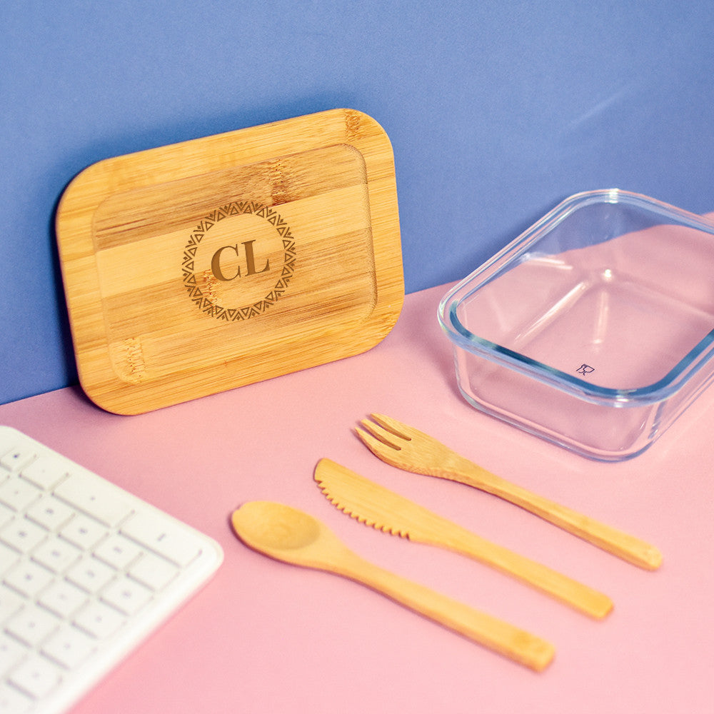 Lunch Box Verre et Bambou avec Couverts Initiales à Personnaliser - Lunch Box Originale