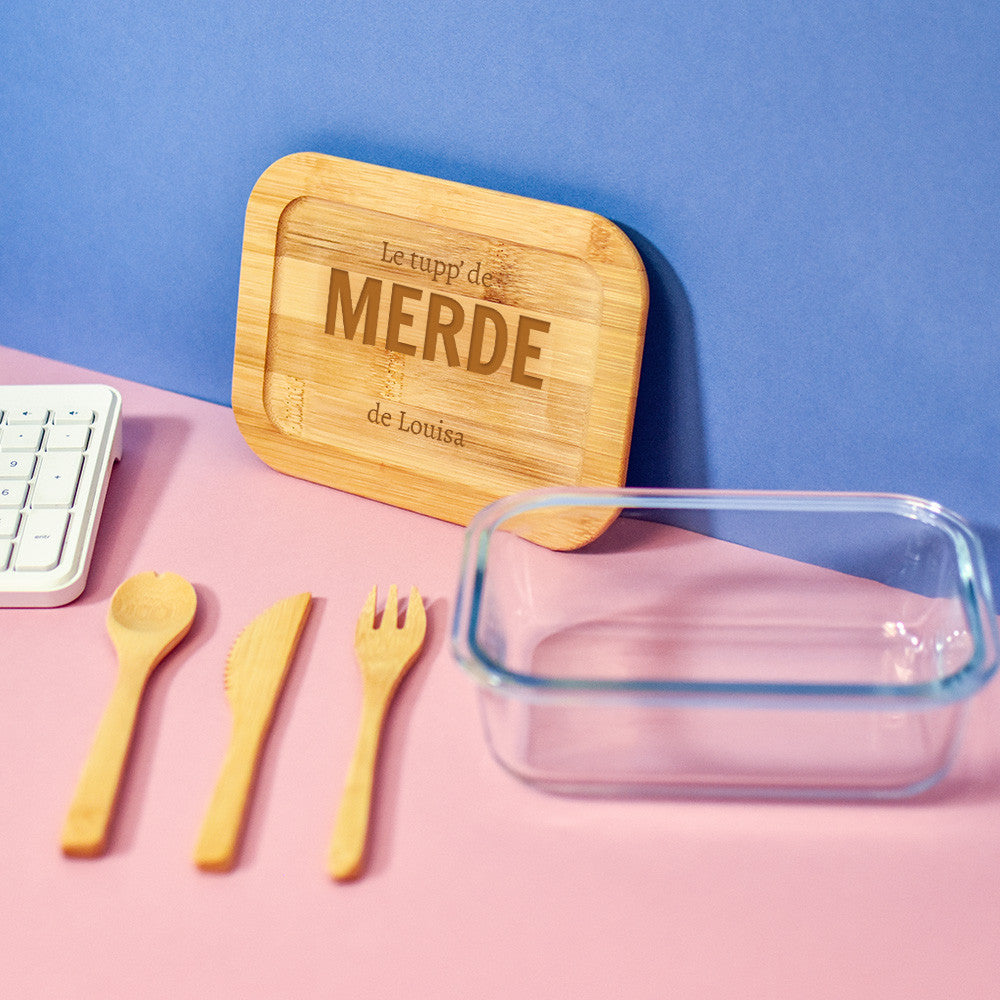 Lunch Box Verre et Bambou avec Couverts Repas de Merde à Personnaliser - Lunch Box Originale