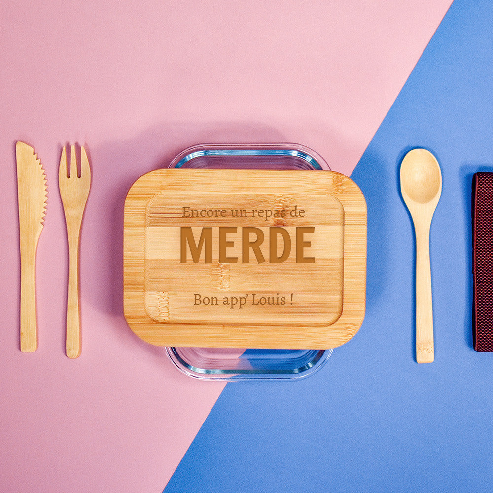 Lunch Box Verre et Bambou avec Couverts Repas de Merde à Personnaliser - Lunch Box Originale