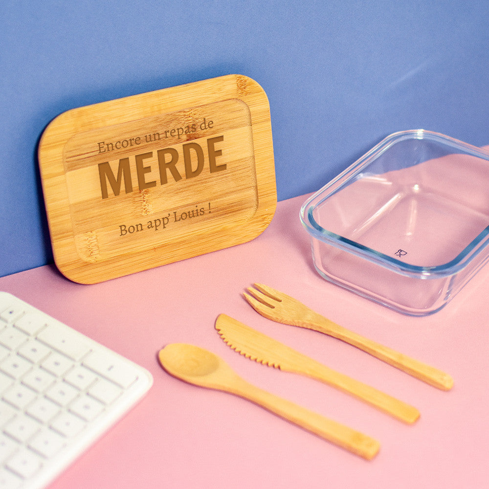 Lunch Box Verre et Bambou avec Couverts Repas de Merde à Personnaliser - Lunch Box Originale