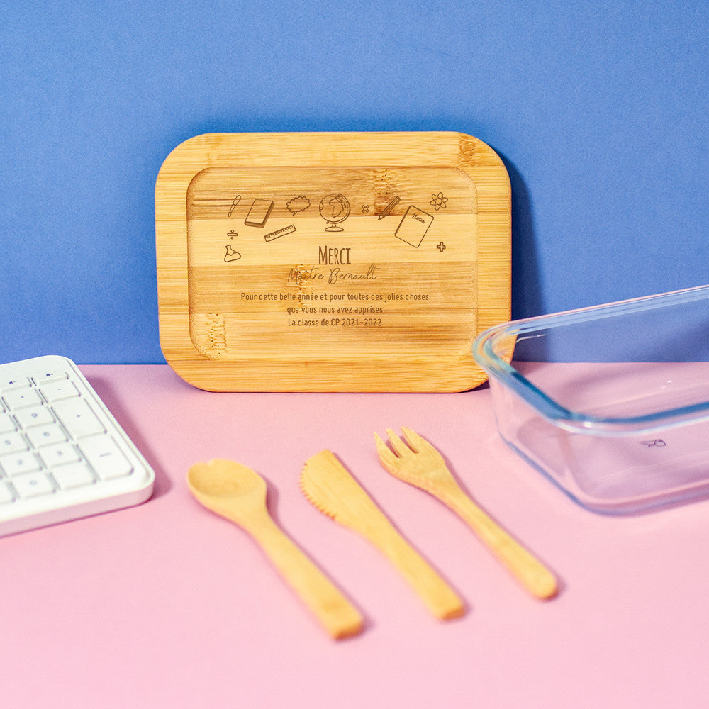 Lunch Box Verre et Bambou avec Couverts Maîtresse à Personnaliser - Lunch Box Originale