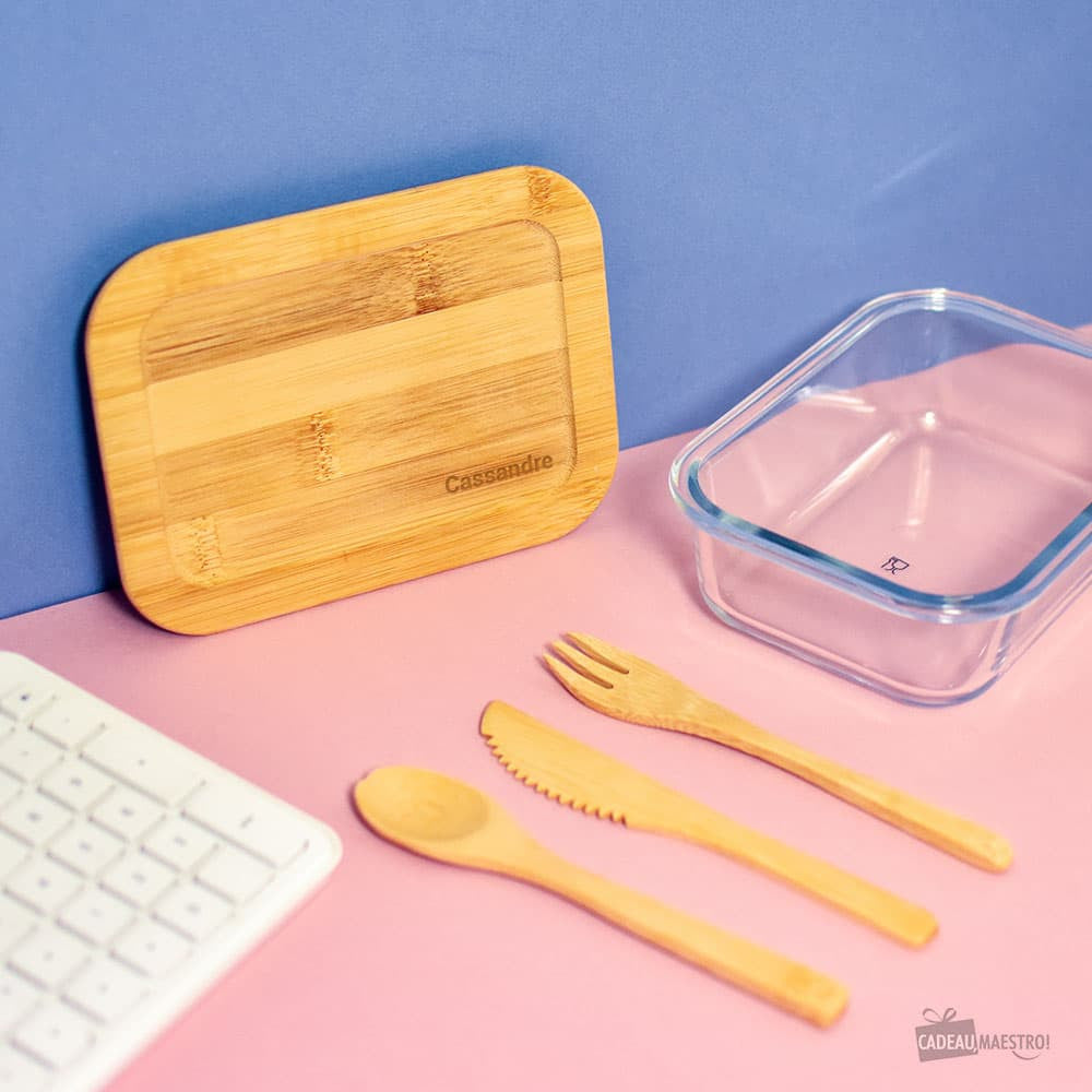 Lunch Box Verre et Bambou avec Couverts Prénom à Personnaliser - Lunch Box Originale