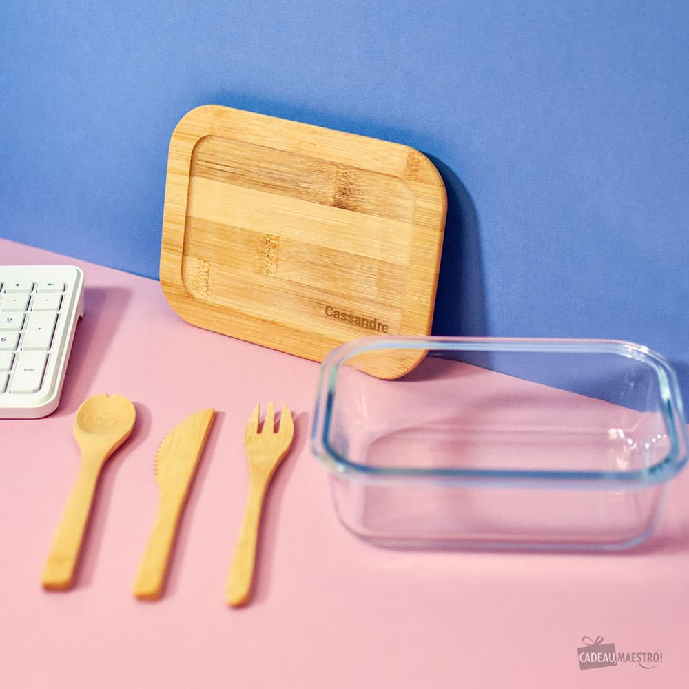 Lunch Box Verre et Bambou avec Couverts Prénom à Personnaliser - Lunch Box Originale