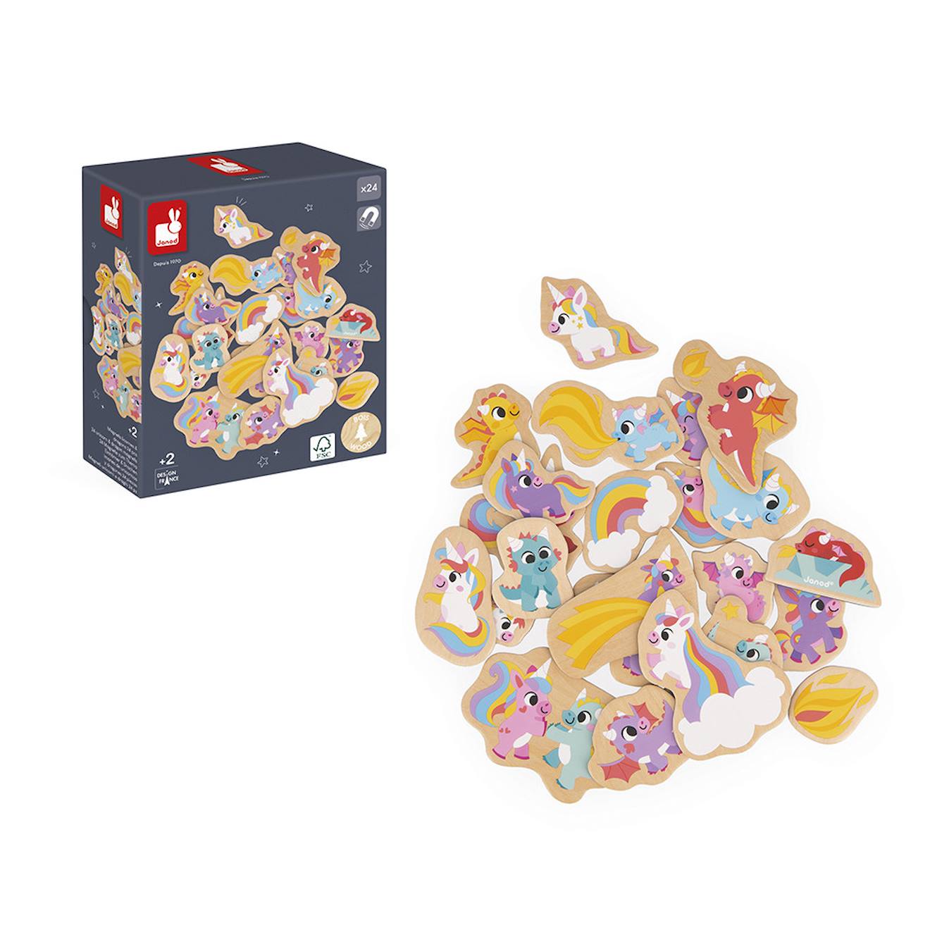 Magnets dinosaures en bois FSC 24 pièces beige - licornes et dragons