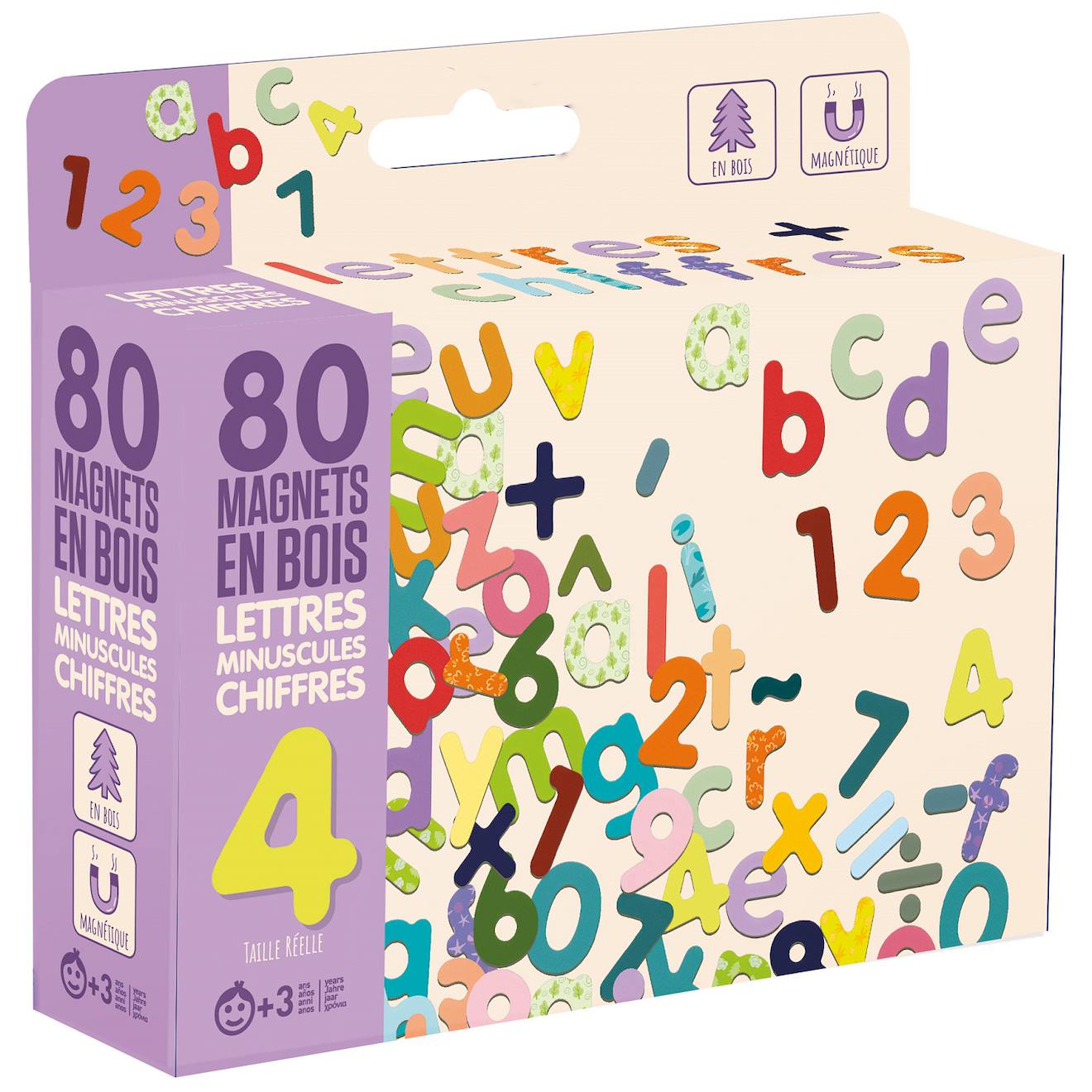 Magnets en bois - lettres minuscules et chiffres beige