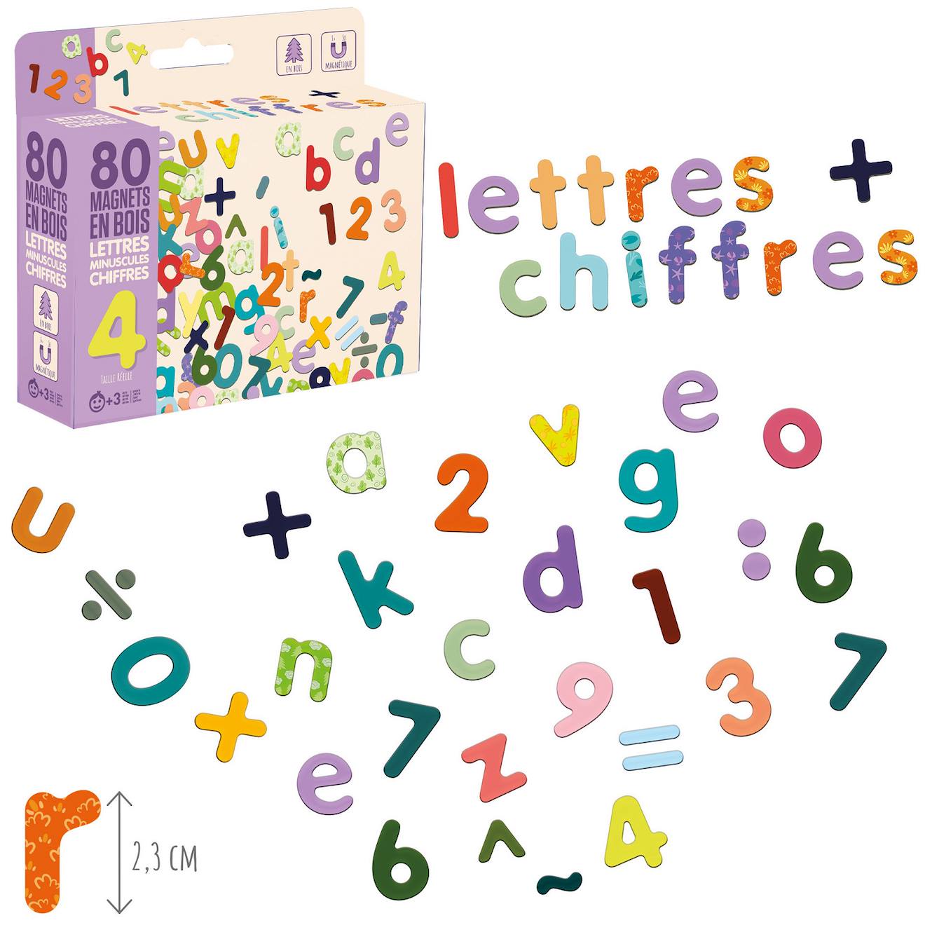 Magnets en bois - lettres minuscules et chiffres beige