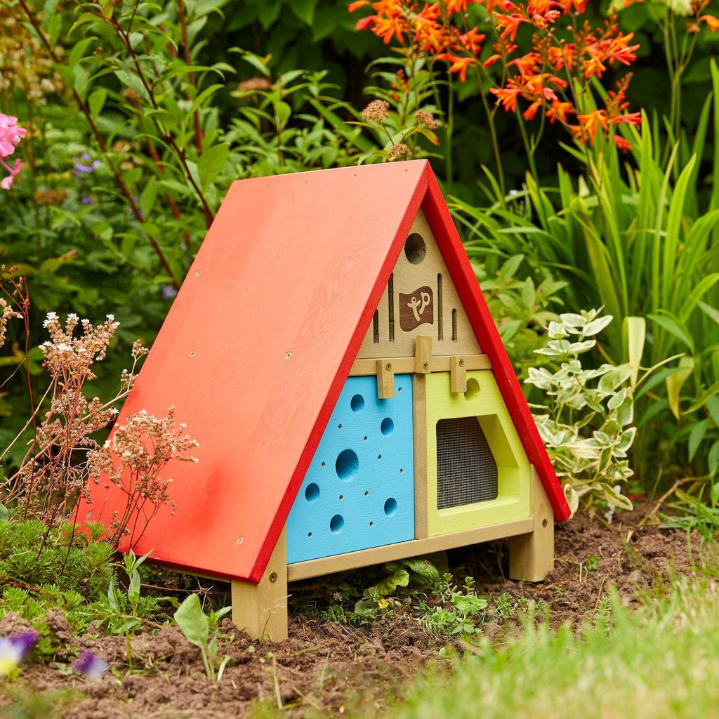 Maison de jardin pour insectes bois FSC marron - bleu - rouge - jaune