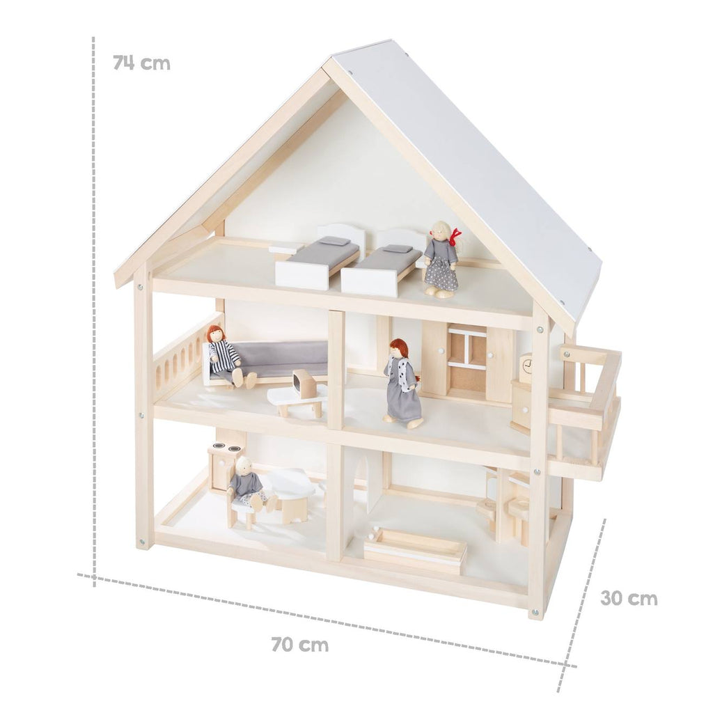 Maison de poupée + 16 pièces de mobilier et 4 poupées blanc / naturel / gris