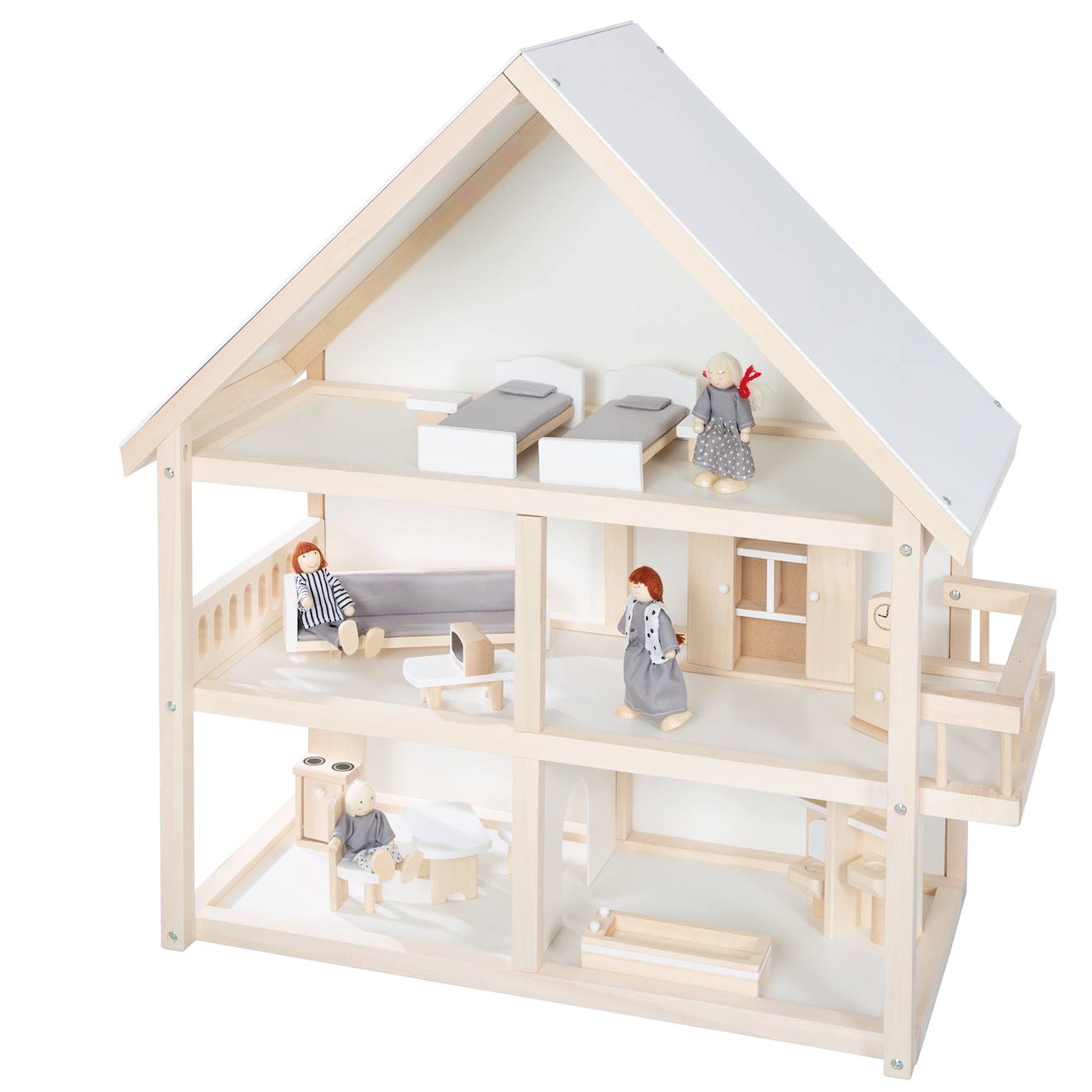 Maison de poupée + 16 pièces de mobilier et 4 poupées blanc / naturel / gris