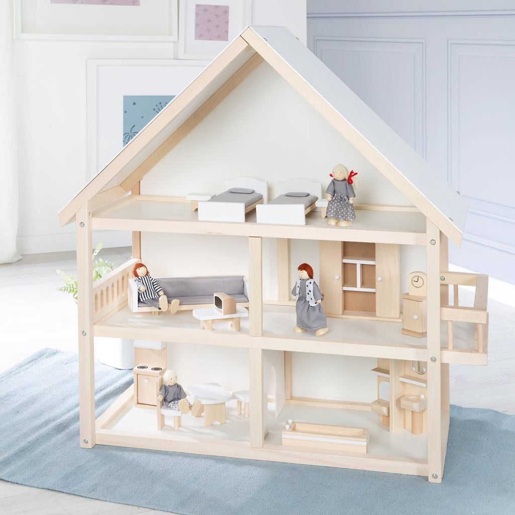 Maison de poupée + 16 pièces de mobilier et 4 poupées blanc / naturel / gris