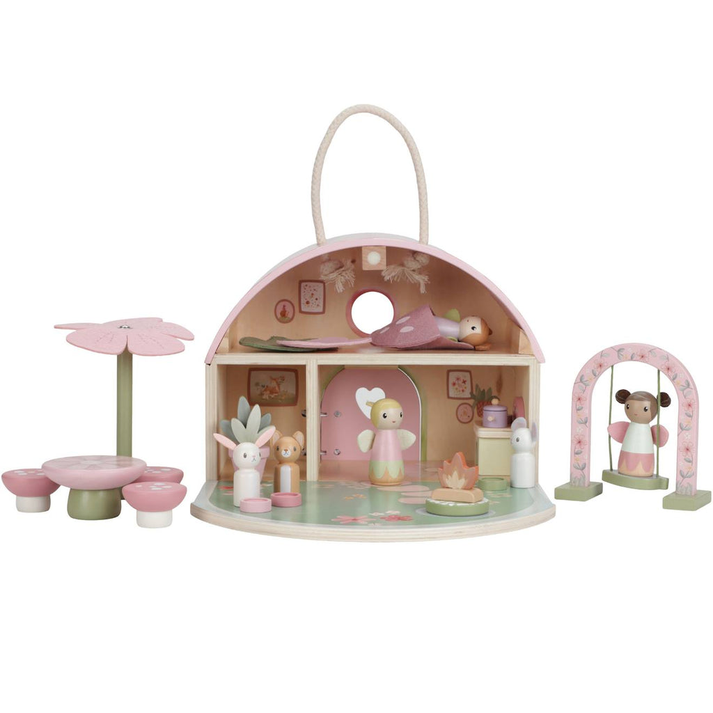 Maison de poupée en bois FSC fairy garden rose, jaune, vert, beige, mult