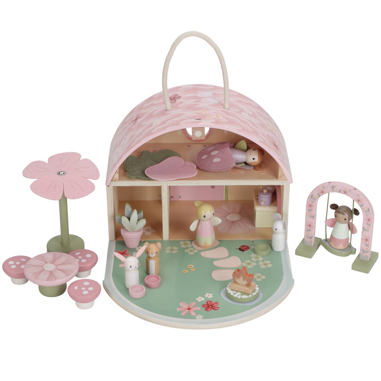 Maison de poupée en bois FSC fairy garden rose, jaune, vert, beige, mult
