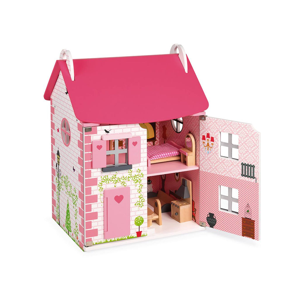 Maison de poupées en bois 11 accessoires rose