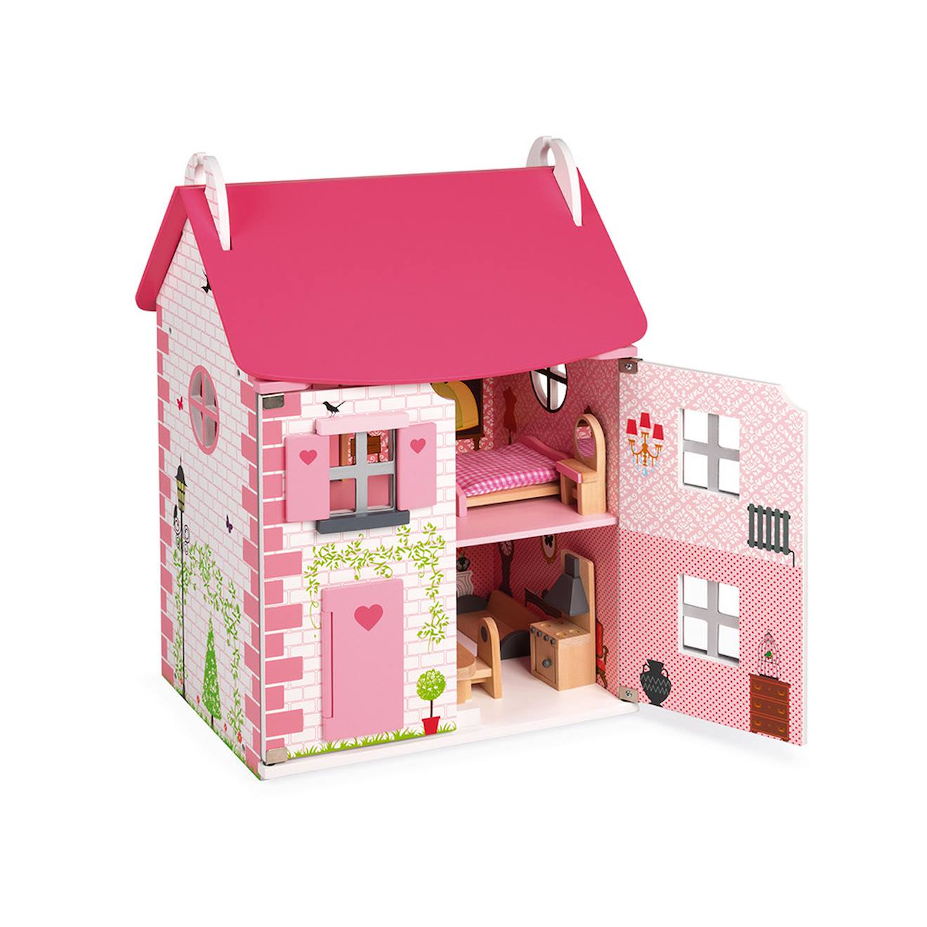 Maison de poupées en bois 11 accessoires rose