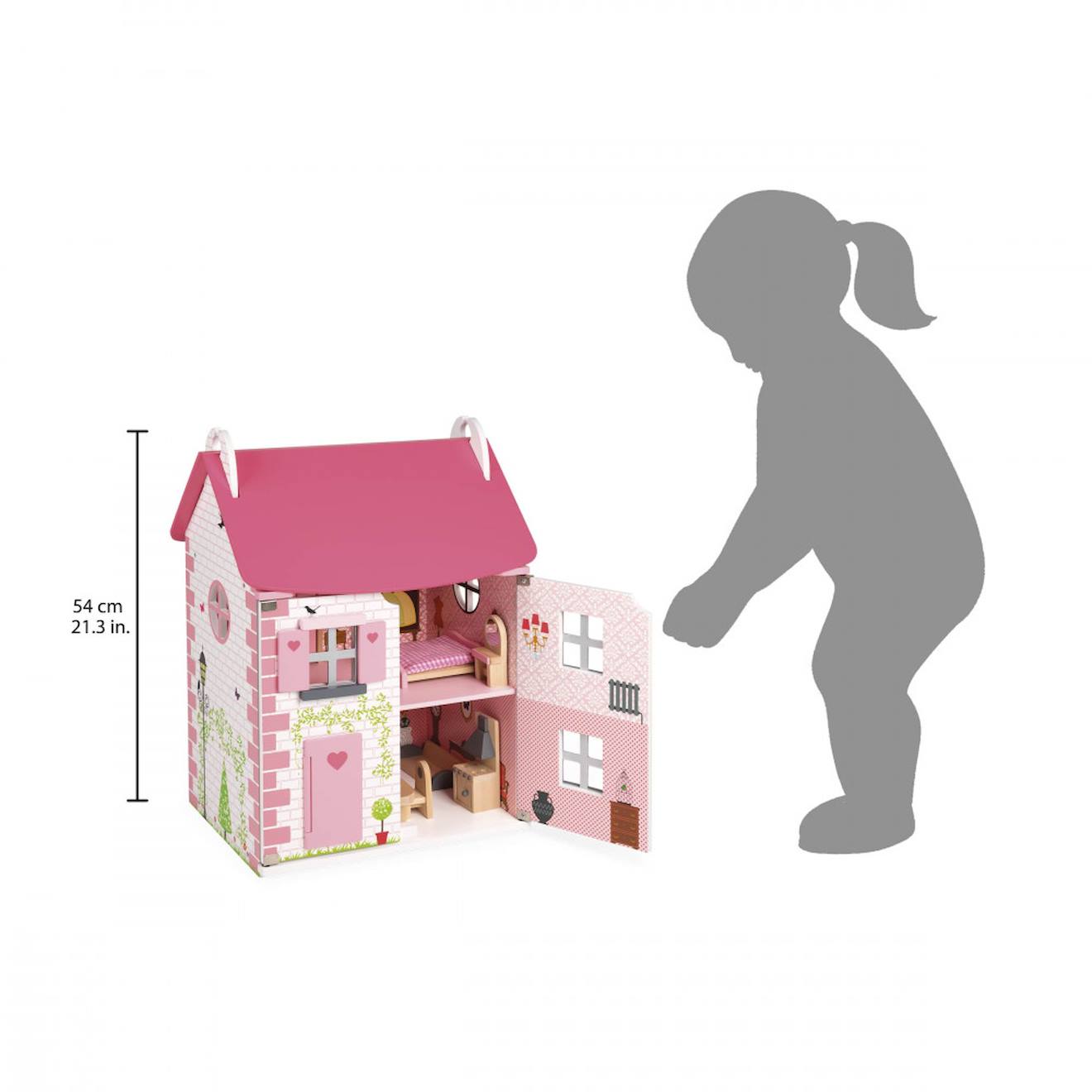 Maison de poupées en bois 11 accessoires rose