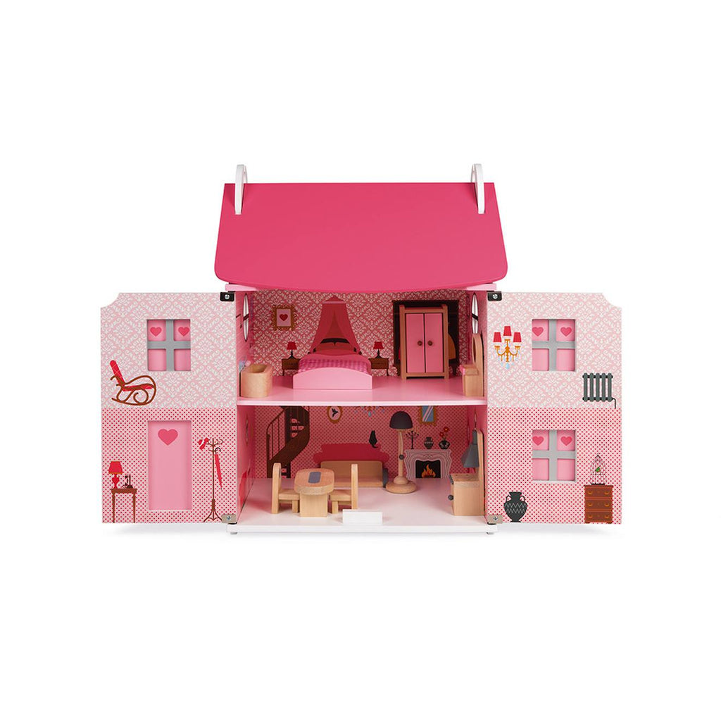 Maison de poupées en bois 11 accessoires rose