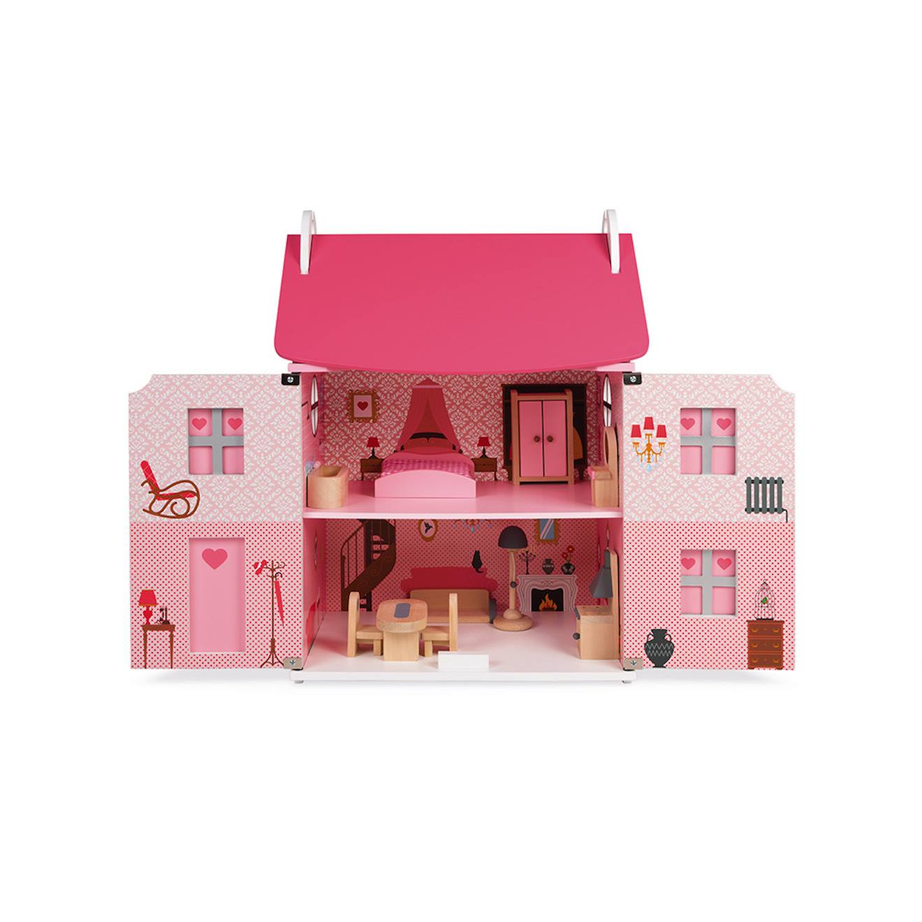 Maison de poupées en bois 11 accessoires rose