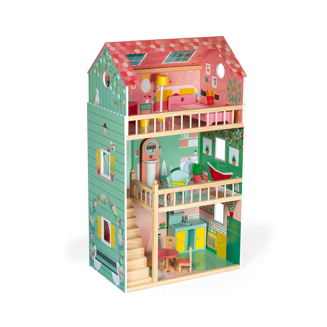 Maison de poupées happy day, 12 accessoires rose / vert