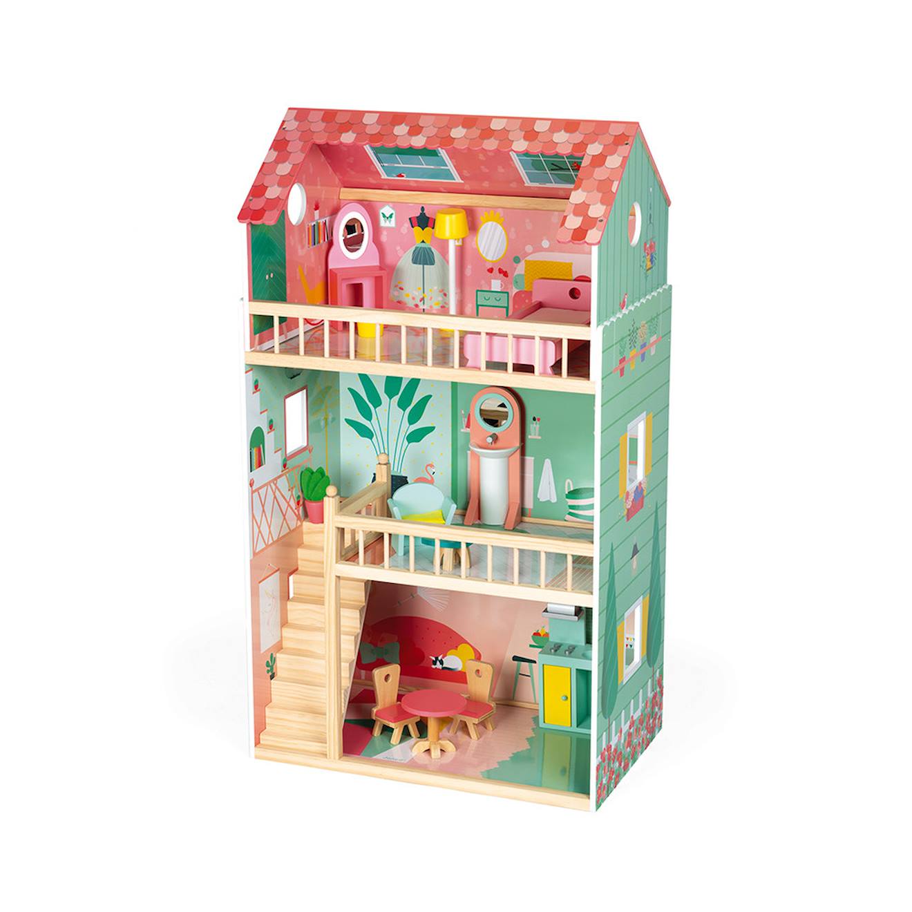 Maison de poupées happy day, 12 accessoires rose / vert