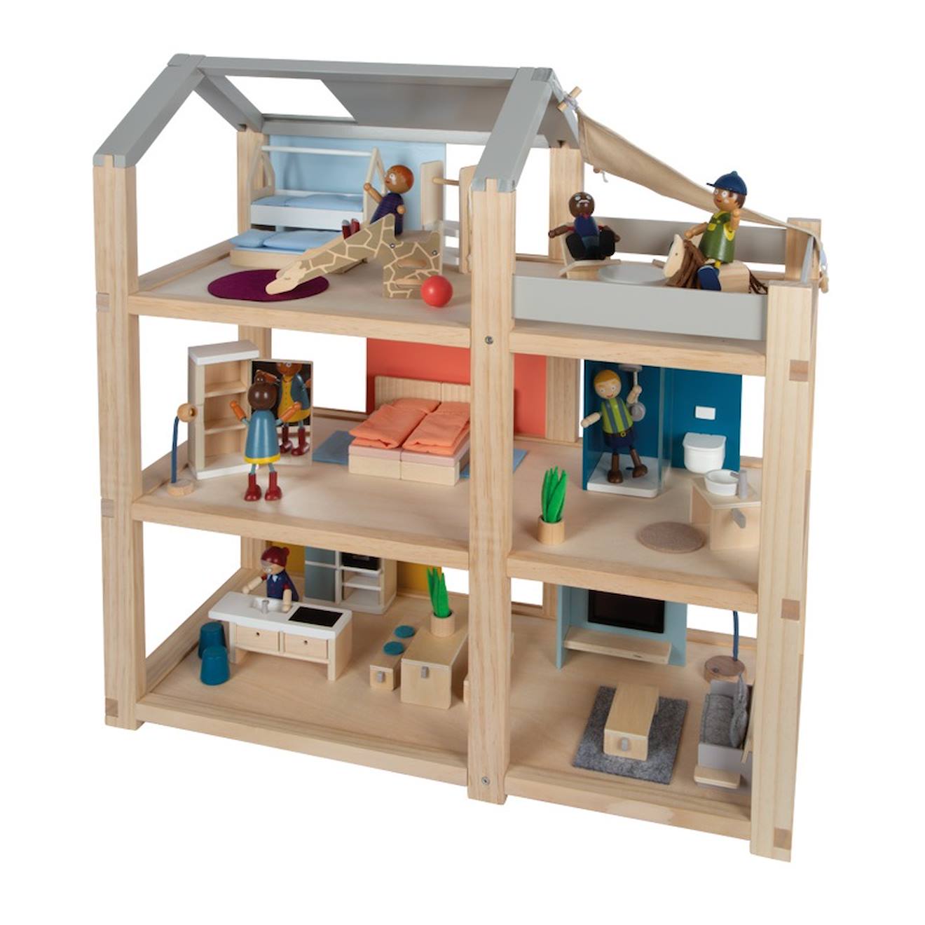 Maison de poupées nature avec meubles beige