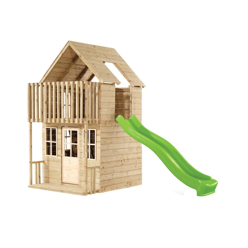 Maisonnette cabane avec toboggan loft bois FSC marron - vert