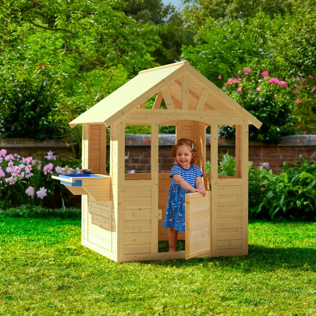 Maisonnette cabane enfant avec cuisine extérieure bois FSC marron - bleu - noir