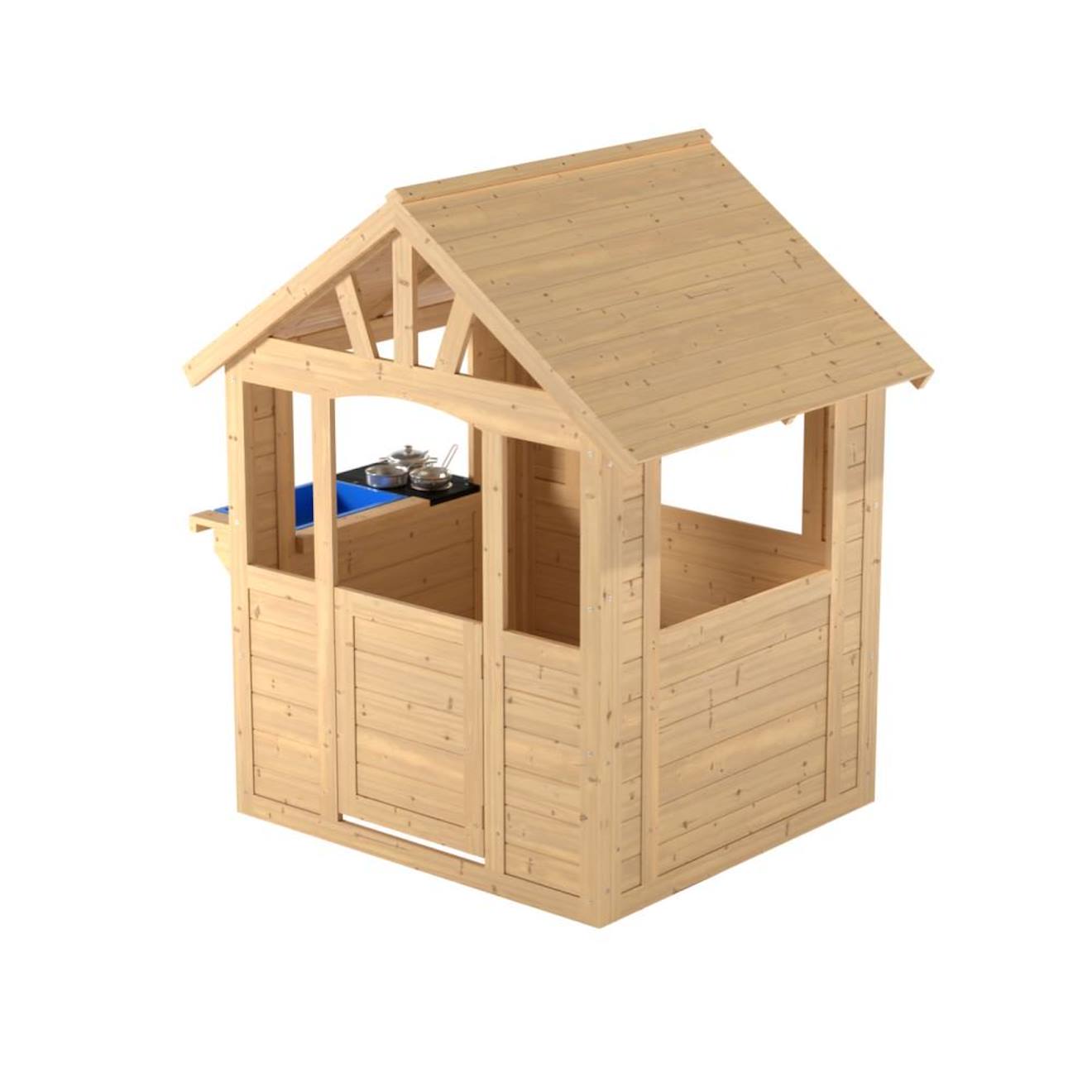 Maisonnette cabane enfant avec cuisine extérieure bois FSC marron - bleu - noir