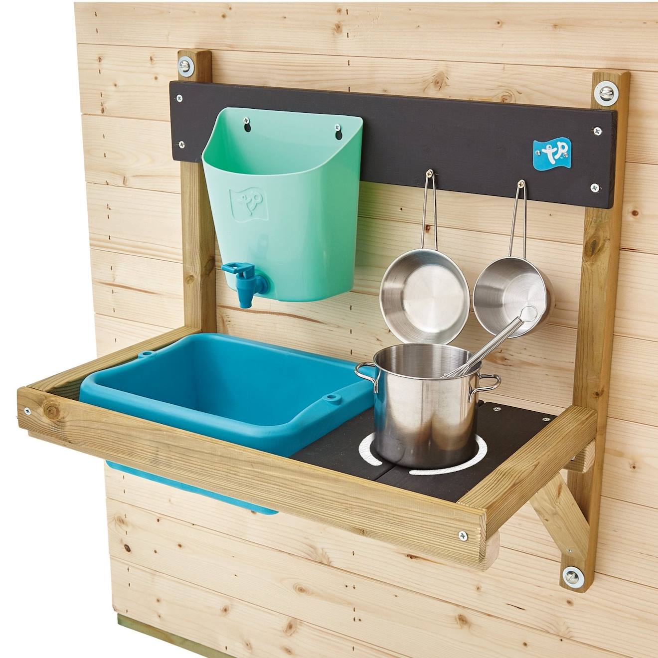 Maisonnette cabane enfant chalet + cuisine extérieure prairie bois FSC marron - bleu - noir