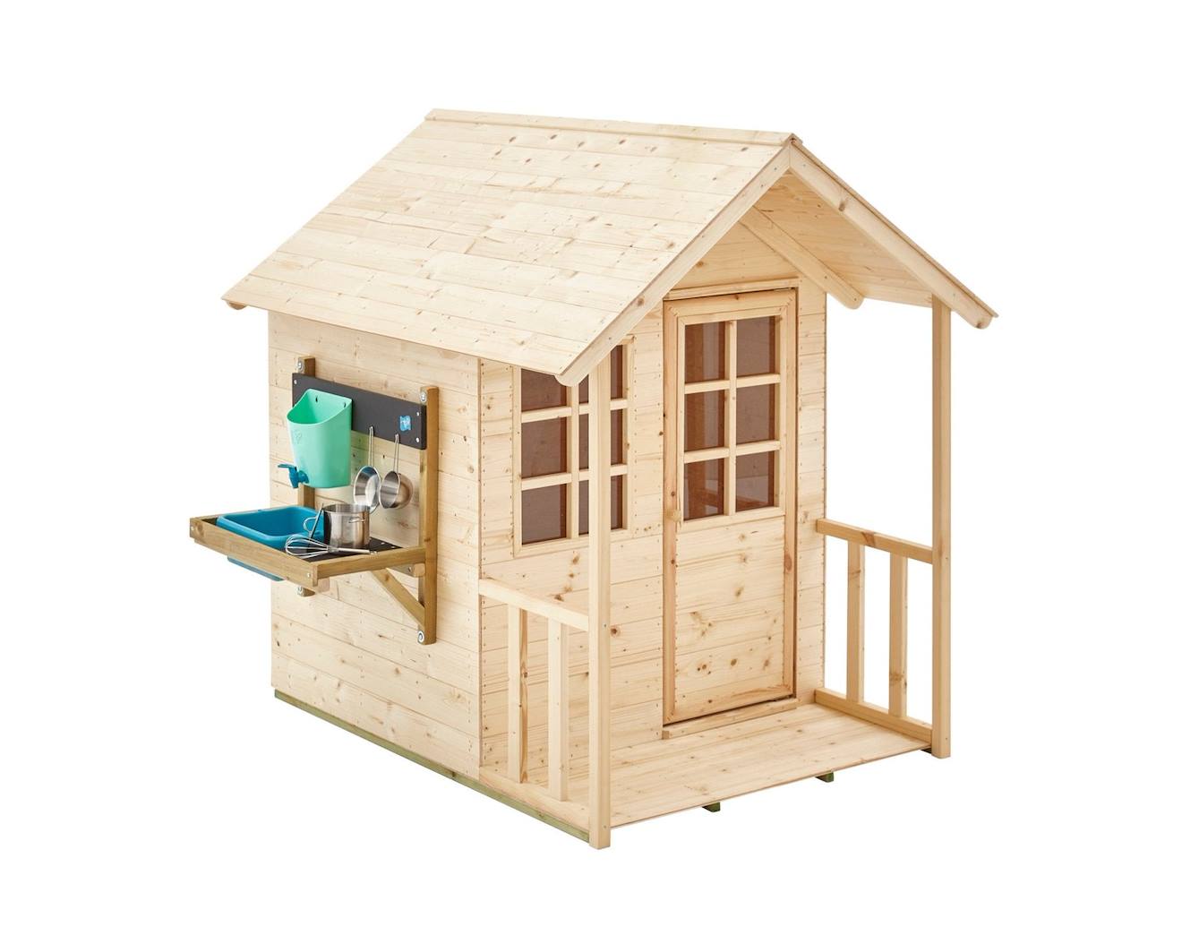Maisonnette cabane enfant chalet + cuisine extérieure prairie bois FSC marron - bleu - noir