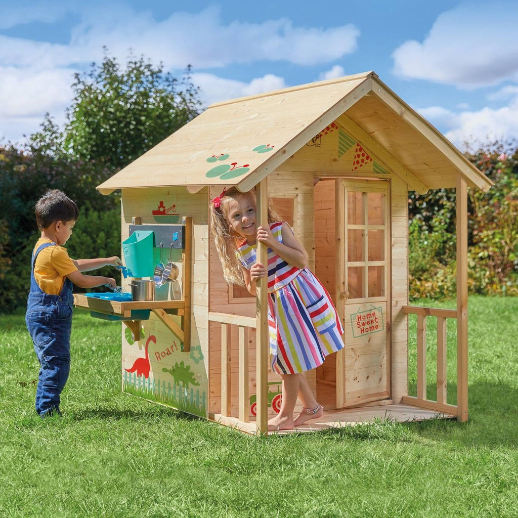 Maisonnette cabane enfant chalet + cuisine extérieure prairie bois FSC marron - bleu - noir