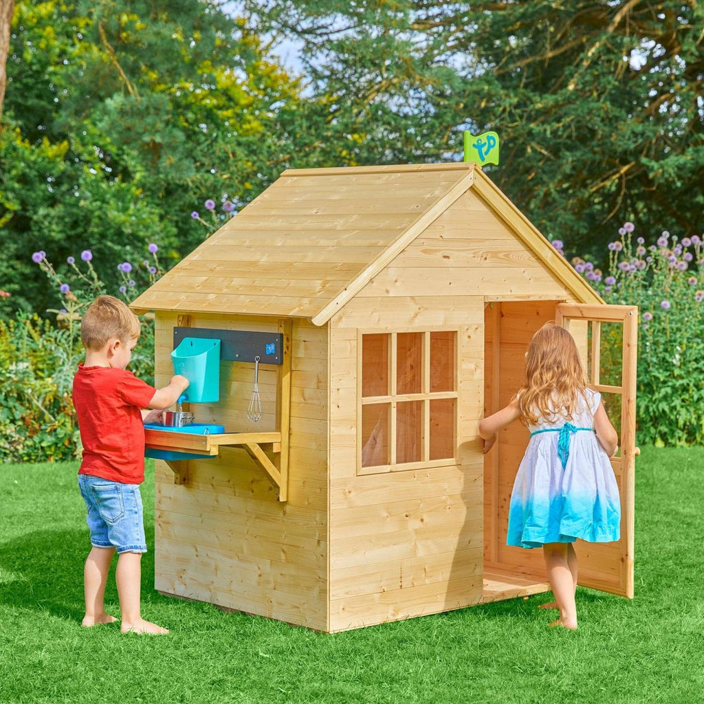 Maisonnette cabane enfant + cuisine extérieure refuge bois FSC marron - bleu - noir