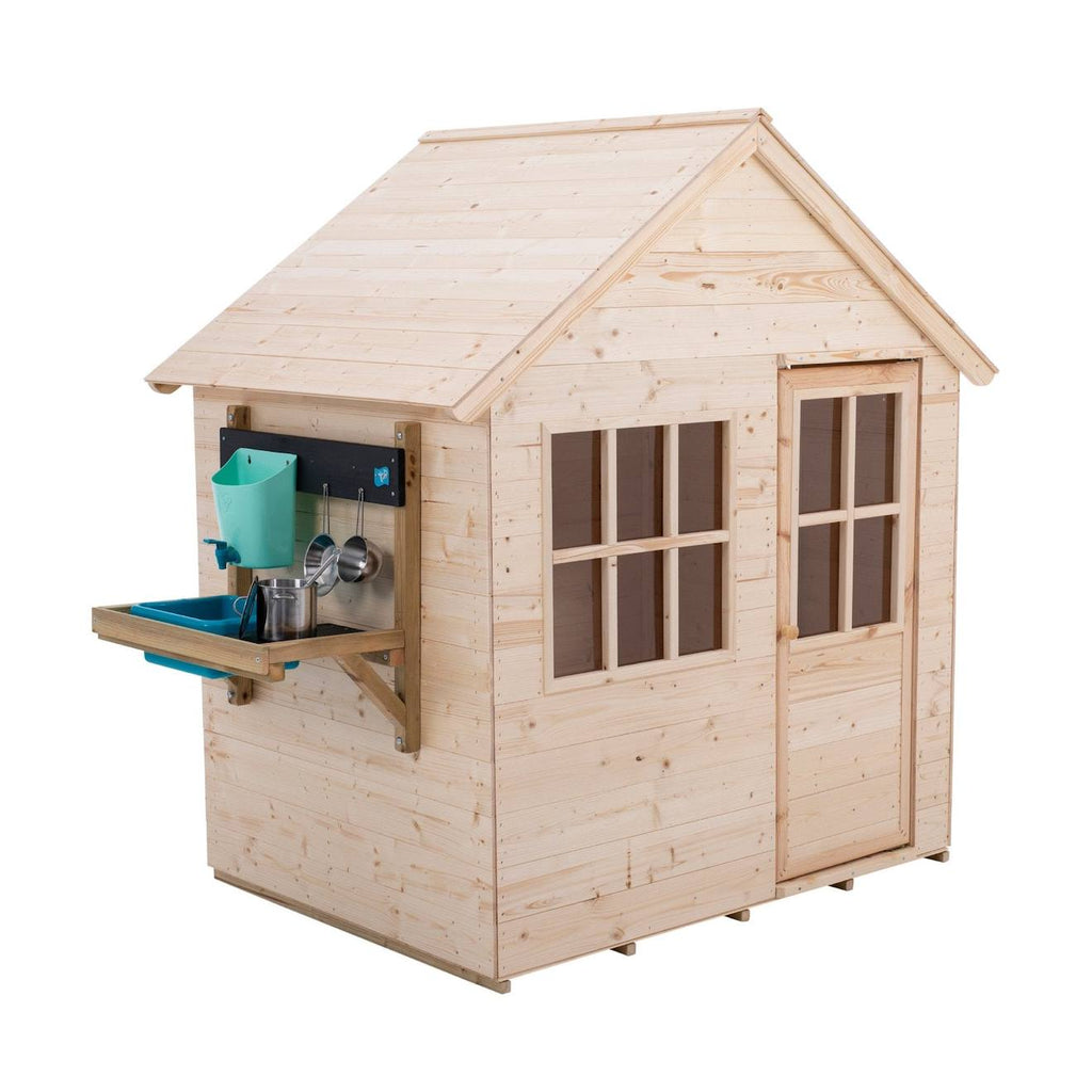 Maisonnette cabane enfant + cuisine extérieure refuge bois FSC marron - bleu - noir