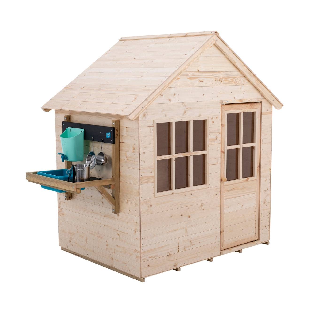 Maisonnette cabane enfant + cuisine extérieure refuge bois FSC marron - bleu - noir