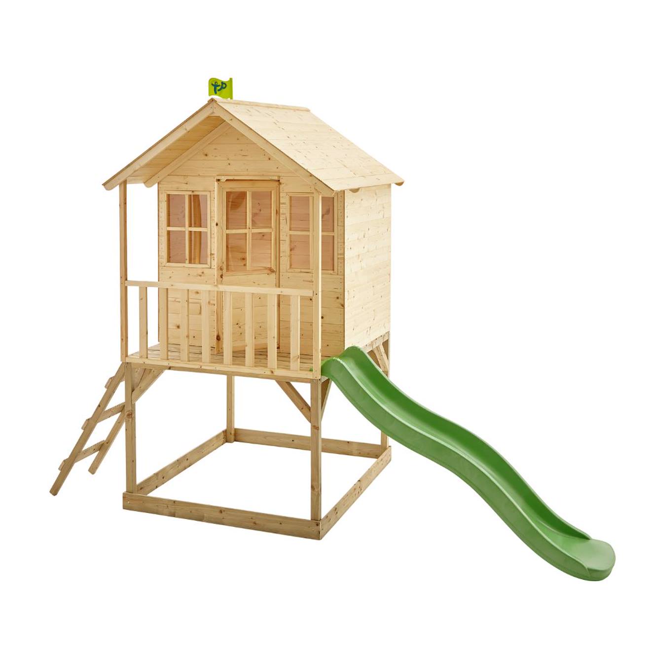 Maisonnette cabane sur pilotis avec toboggan colline bois FSC marron - vert