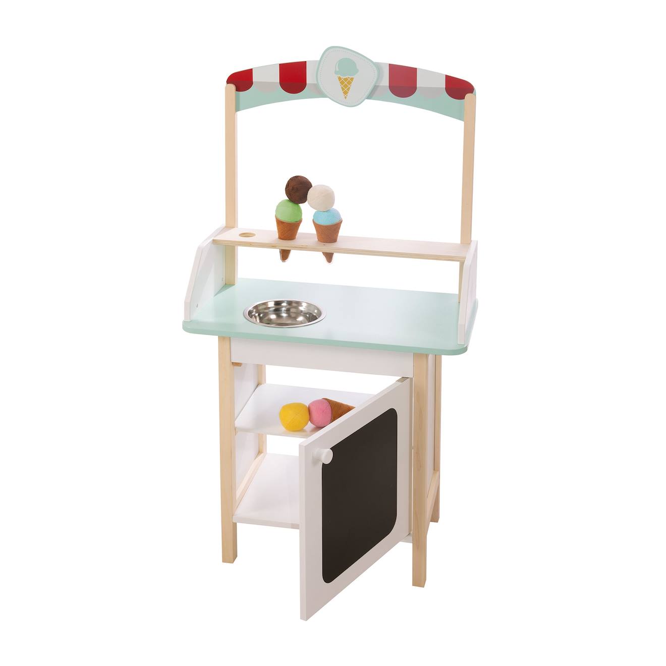 Marchande de glace + 3 cornets et 6 boules en tissu blanc, menthe et naturel