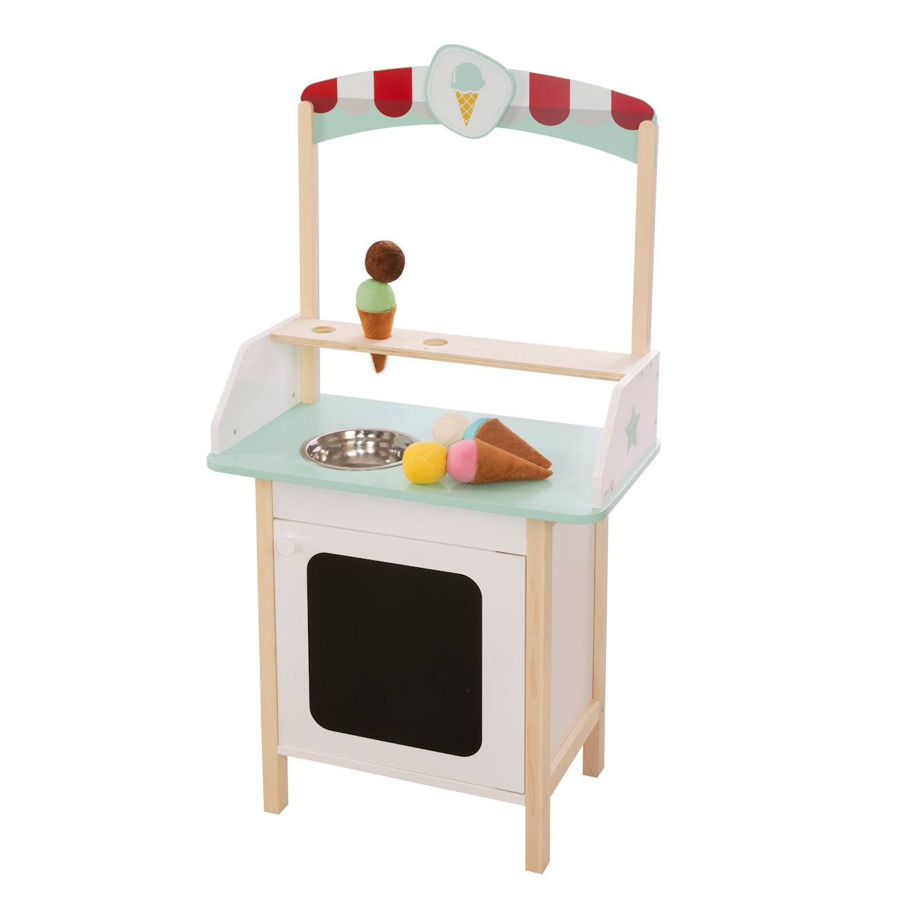 Marchande de glace + 3 cornets et 6 boules en tissu blanc, menthe et naturel
