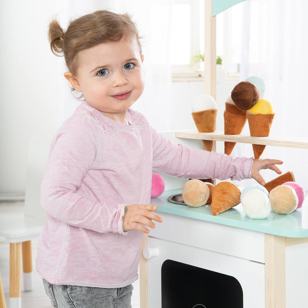 Marchande de glace + 3 cornets et 6 boules en tissu blanc, menthe et naturel